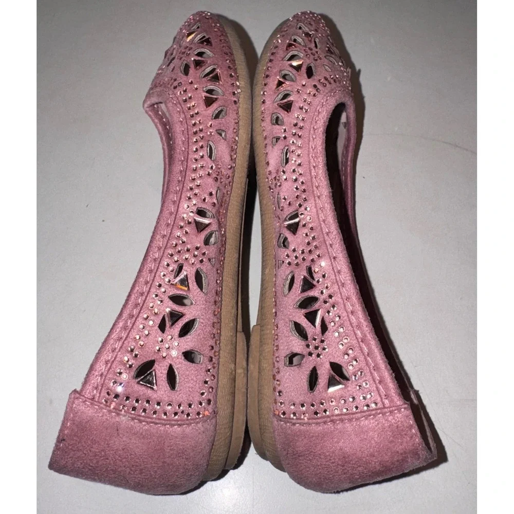 Link Comfort Girl's Pink Rhinestone Laser Cut Floral Ballet Dress Flats Size 12